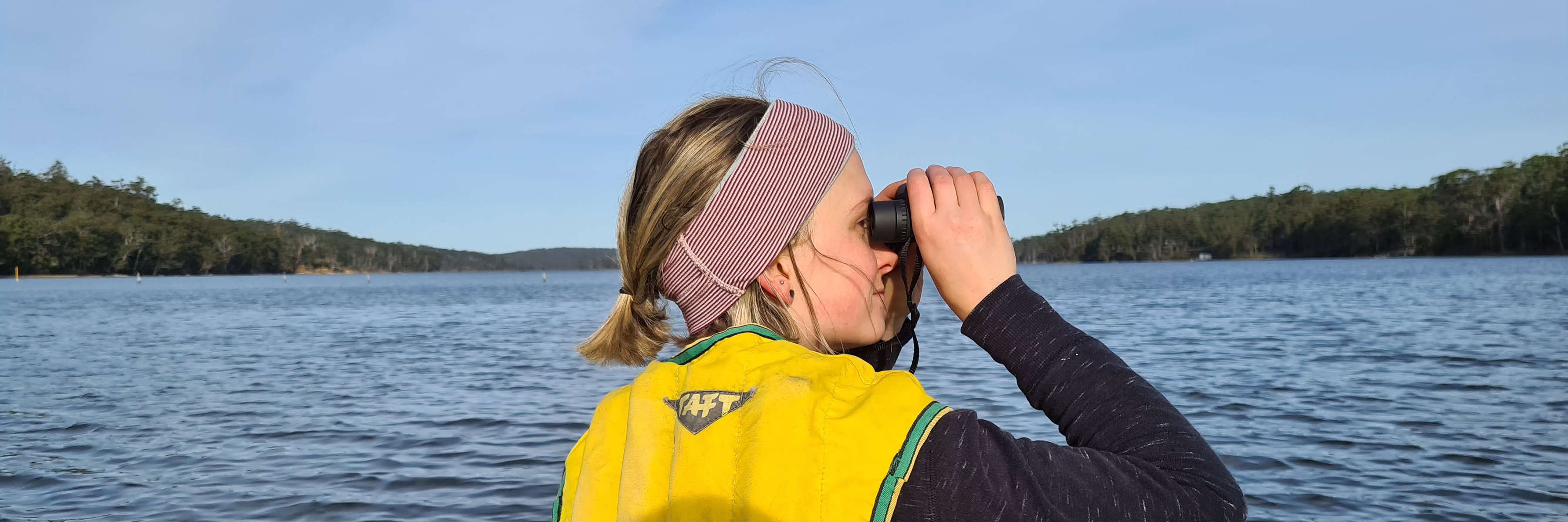 A woman in her twenties in a yellow life jacket at the front of a large kayak on the water, surrounded by land in the distance, looks with binoculars to the right of the photo as part of her Where? Where? Wedgie! surveys. Photo: Kelsey Picard.