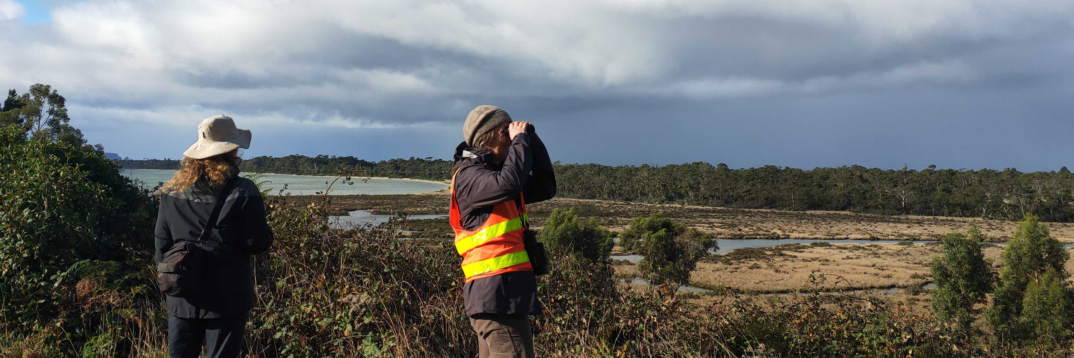 A man and a woman in front of a saltmarsh and curved sandy beach carry out their Where? Where? Wedgie! 10 minute survey. The man has a highlighter jacket, beanie and binoculars, while the woman wears dark clothes and a broad brimmed hat. Photo: Mahalia White-McColl.