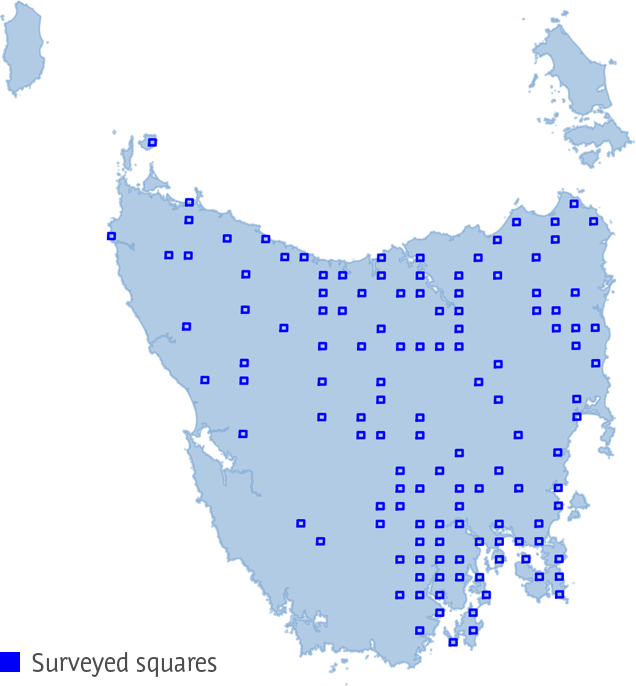 Map of the distribution of squares surveyed in 2021 across Tasmania.