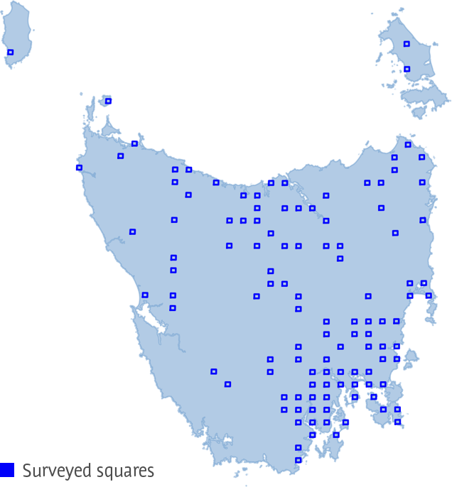 Map of the distribution of squares surveyed in 2022 across Tasmania.