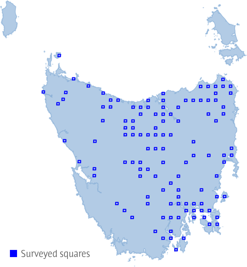 Map of the distribution of squares surveyed in 2019 across Tasmania.