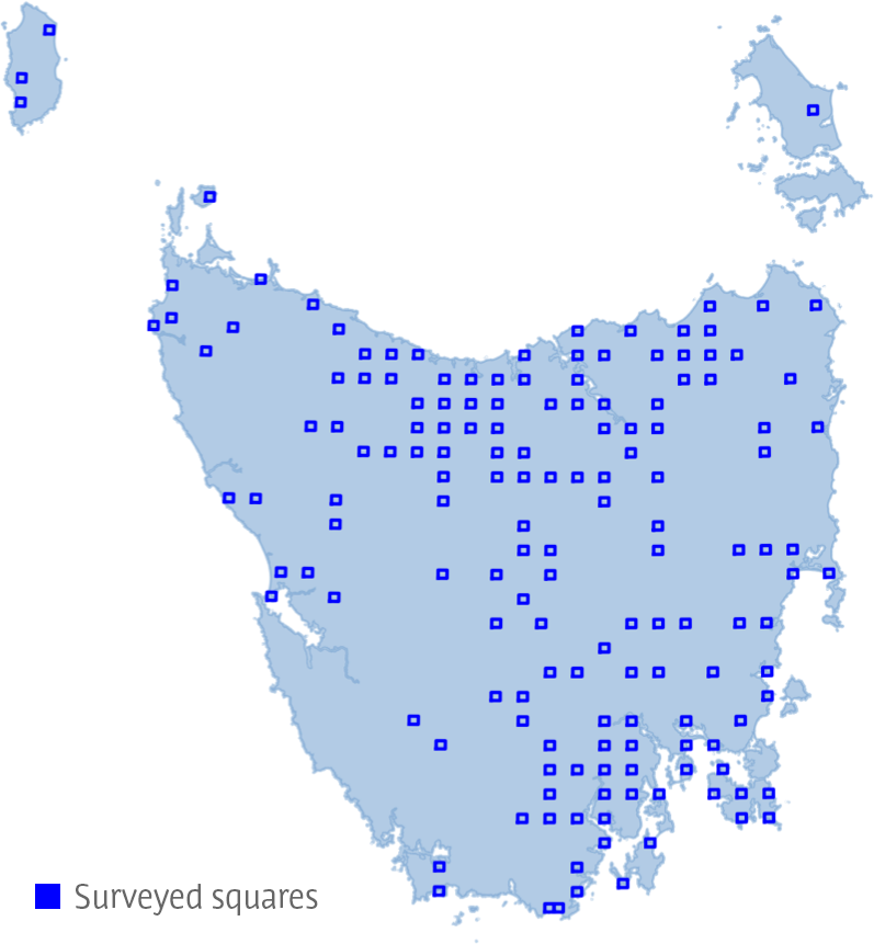 Map of the distribution of squares surveyed in 2020 across Tasmania.