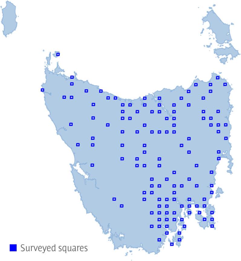 Map of the distribution of squares surveyed in 2021 across Tasmania.