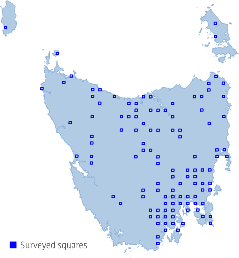 Map of the distribution of squares surveyed in 2022 across Tasmania.